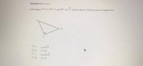 Question 4 (5 points)

In the diagram, AC = x, BC = x, and AB = 12-V3. Find the value of x Write y