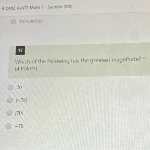 Which of the following has the greatest magnitude?
70
|-781
1701
-70
18