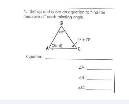 Set up and solve an equation to find the measure of each missing angle