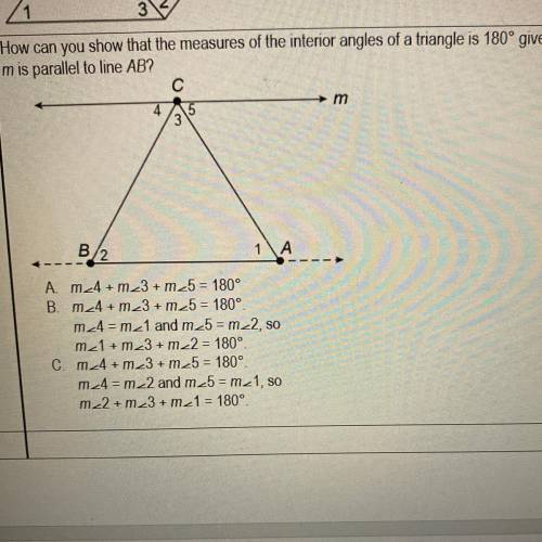How can you show that the measures of the interior angles of a triangle is 180° given the line

m