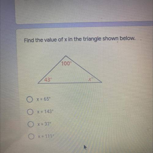 Find the value of x in the triangle shown below
someone help please!!