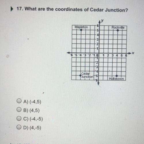 17. What are the coordinates of Cedar Junction?

OA) (-4,5)
OB) (4,5)
OC) (-4,-5)
OD) (4,-5)