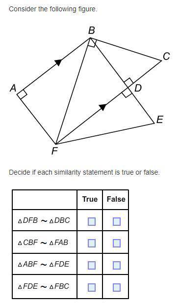 Consider the following figure.
Decide if each similarity statement is true or false.