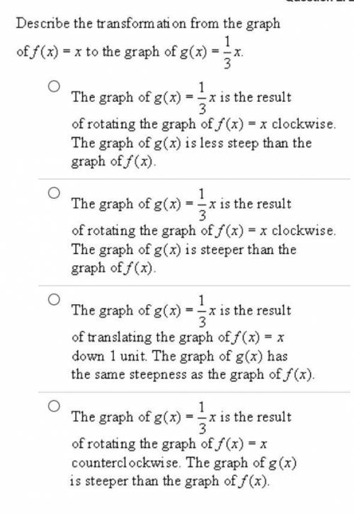 PLS HELP ITS ALGEBRA 1!

Describe the transformation from the graph of f(x) = x to the graph