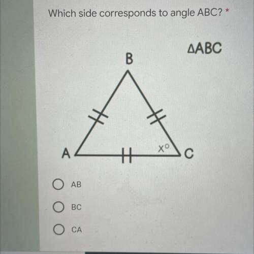 Which side corresponds to angle ABC

1 point
ДАВС
B
A
хо
+
АВ
вс
СА