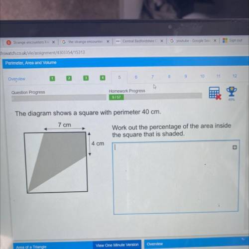 The diagram shows a square with perimeter 40 cm.

7 cm
Work out the percentage of the area inside
