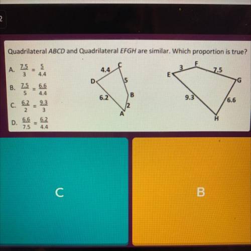 Quadrilateral ABCD and Quadrilateral EFGH are similar. Which proportion is true?