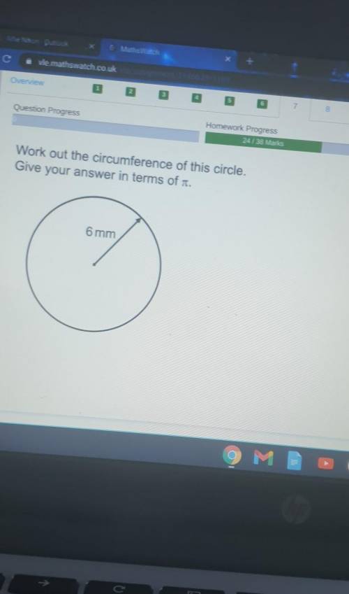 Work out the circumference of this circle give your answer in terms of pi​