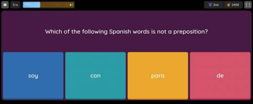 Which of the following Spanish words is not a preposition?

1. soy2. con3. para 4. de