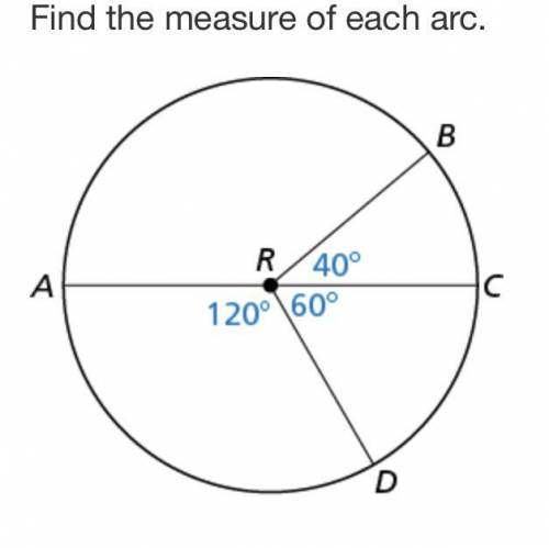 PLEASE HELP- 30 POINTS

Find the measure of each arc.
B
A
R
40°
1200\60°
U
D
The measure of arc AD