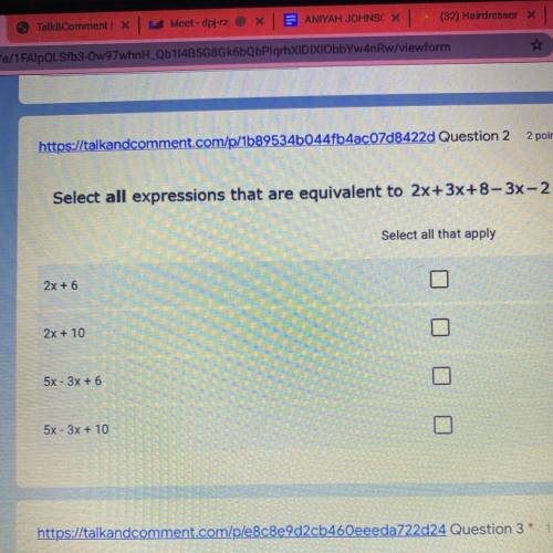 Select all expressions that are equivalent to 2x+3x+8-3x-2.