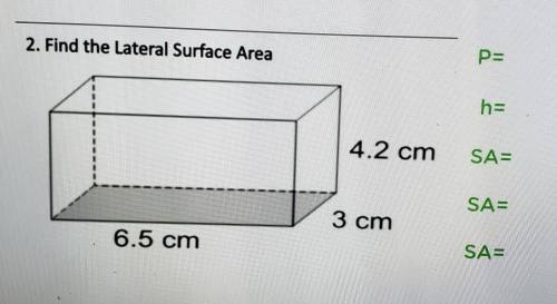 2. Find the Lateral Surface Area P= 4.2 cm SA= SA= 3 cm 6.5 cm SA=​