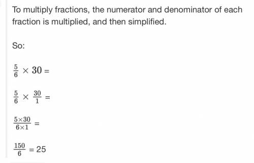 Give the answer in simplest form:
6/5 of 30 = n