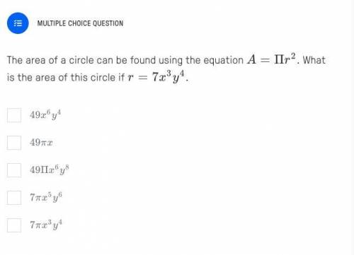 The area of a circle can be found using the equation A=\Pi r^{2}A=Πr

2
. What is the area of this