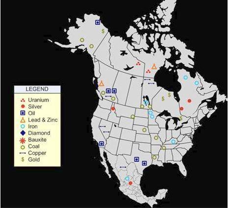 Review the map below. Which of the following resources is found in Canada and the United States but