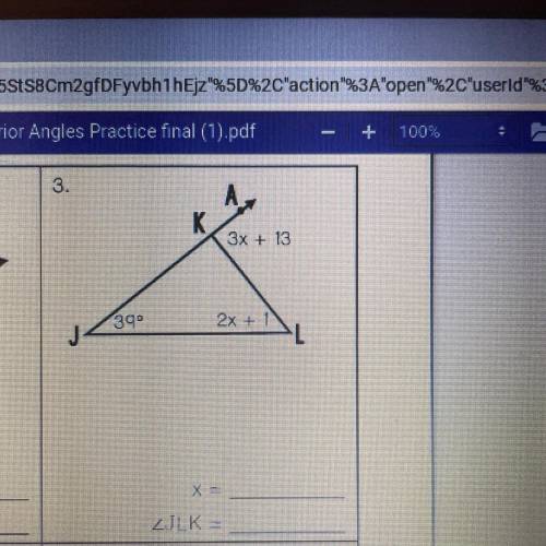 Write and solve an equation to find the value of x and a missing angle in the triangle below.