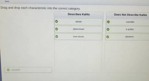 Check Drag and drop each characteristic into the correct category. love-struck Describes Kahlo Does