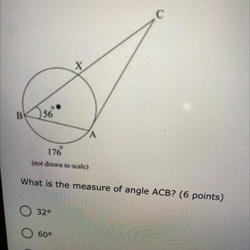 The figure below shows a triangle with vertices A and B on a circle and vertex Coutside it. Side AC