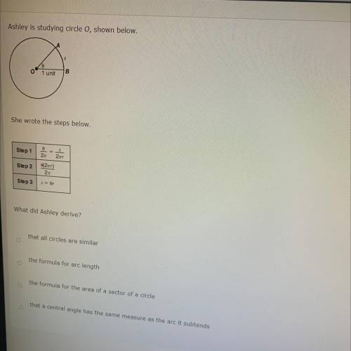 Ashley is studying circle O, shown below. She wrote the steps below. What did Ashley derive?