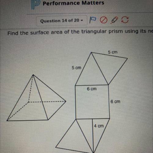 Find the surface area of the triangular prism using its net. The triangular sides are isosceles tri