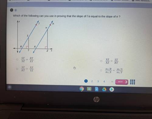 Which of the following can you use in proving that the slope of l is equal to the slope of n
