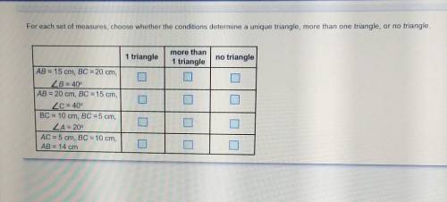 For each set of measures, choose whether the conditions determine a unique triangle, more than one