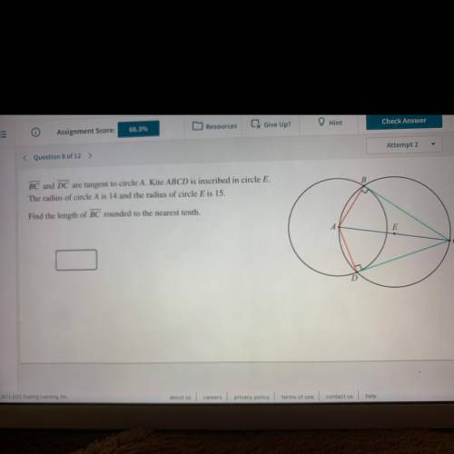 BC and DC are tangent to circle A. Kite ABCD is inscribed in circle E.

The radius of circle A is