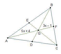 Point G is the centroid of triangle ABC. AG = (5x + 4) units and GF = (3x – 1) units.

What is A F