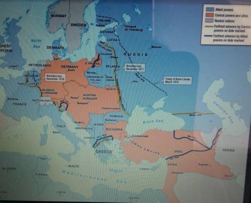 Examine the map World War I in Europe and the Middle East.

What information does the map provide
