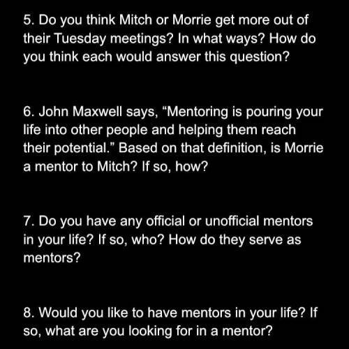 Answer them all please. And the answers should be based on the book, “TUESDAYS WITH MORRIE (1999)”