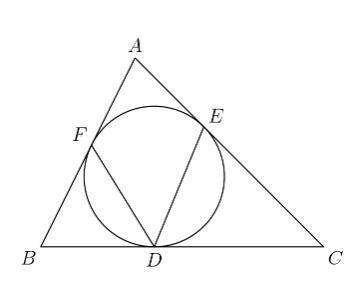 In triangle ABC, angle BAC = 72 degrees. The incircle of triangle ABC touches sides BC, AC, and AB