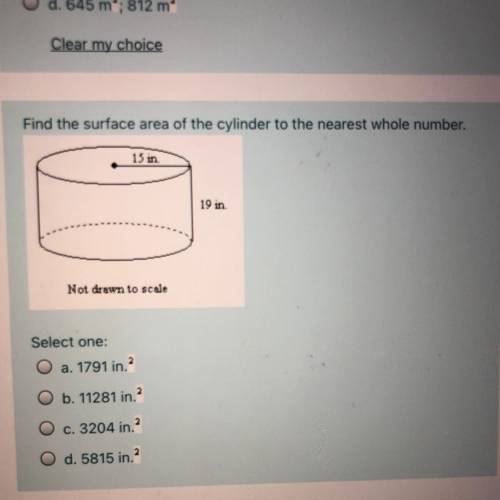 Find the surface area of the cylinder to the nearest whole number.

15 in
19 in.
Not drawn to scal
