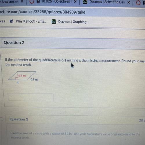 If the perimeter of the quadrilateral is 6.1 mi. find x the missing measurement. Round your answer