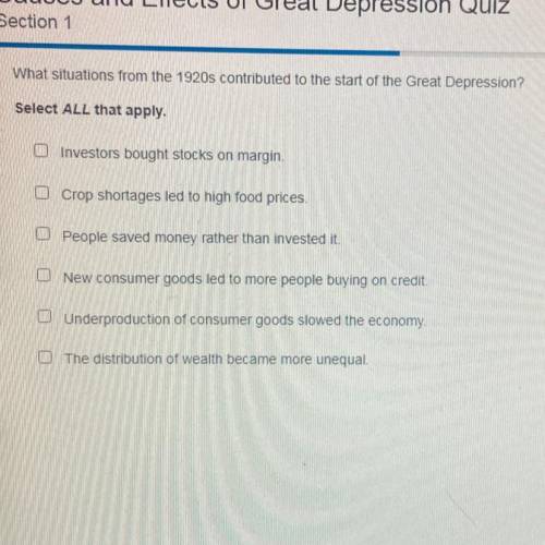 What situations from the 1920s contributed to the start of the Great Depression?

Select ALL that