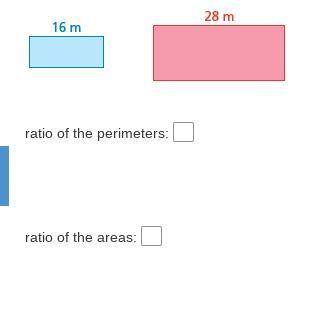 The two figures are similar. Find the ratios (red to blue) of the perimeters and of the areas. Writ
