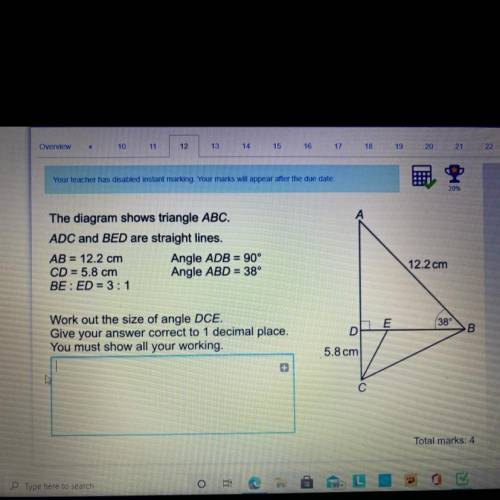 The diagram shows triangle abc. adc and bed are straight lines.