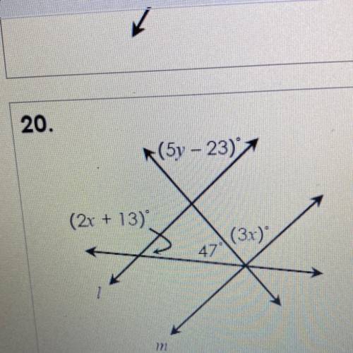 Find the value of x and y 
(5y-23) 
(2x+13)
(3x)
47