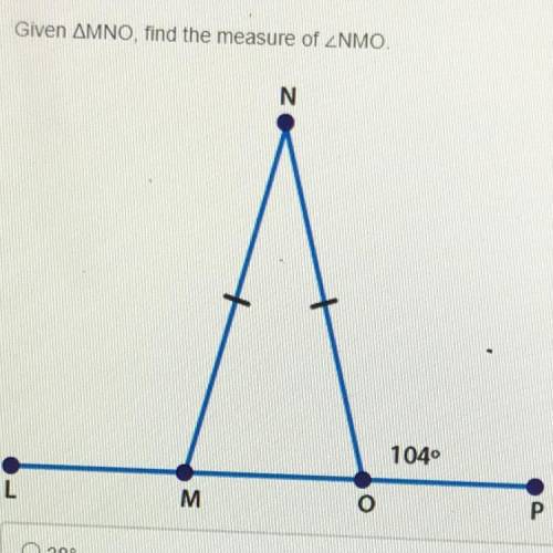 Given triangle MNO, find the measure of angle NMO
A. 38°
B. 52°
C. 76°
D. 105°
