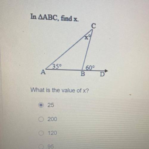 In ABC, find x.
A is 35°
B is 60°
C is x
What’s x?