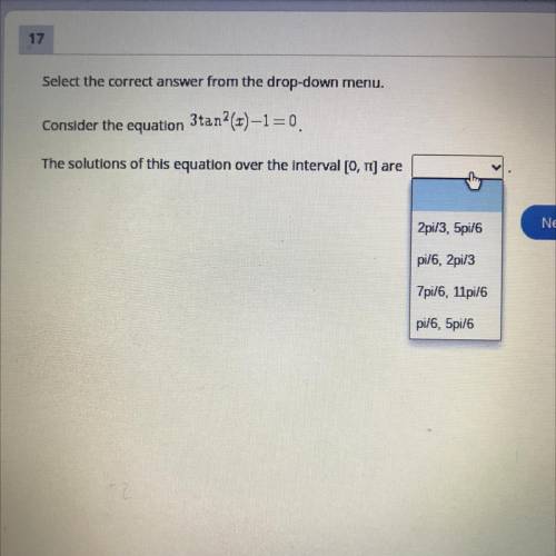 Select the correct answer from the drop-down menu.

Consider the equation 
3tan^2(x)-1=0. 
The sol
