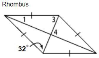 HELPPP!! Find the missing angles in the following RHOMBUS. *

please enter: 1: _____, 3: _____, 4: