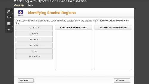 analyze the liner inequalities and determine if the solution set is the shaded region above or belo