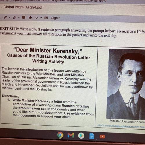 Write Minister Kerensky a letter from the perspective of a working-class Russian detailing the prob
