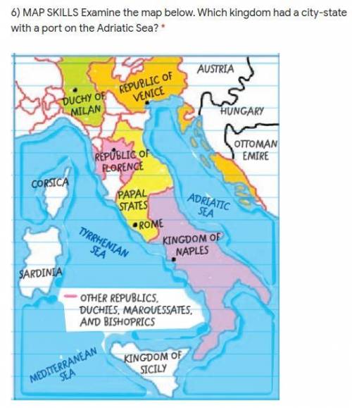 Examine the map attached. Which kingdom had a city-state with a port on the Adriatic Sea?