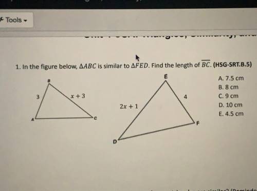Pls answer!!
In the figure below, ABC is similar to FED. Find the length of BC.