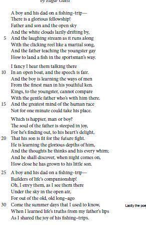 The central idea of this poem is that a man and his son happily bond while on a fishing trip. Write
