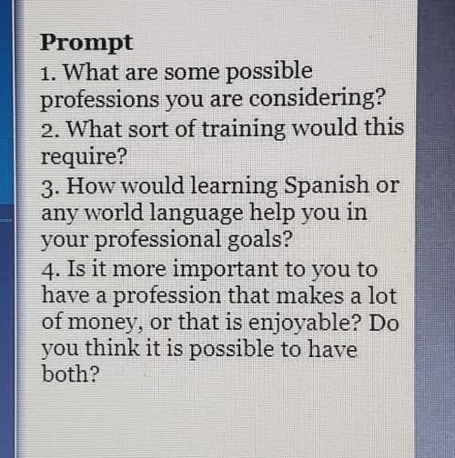 Write a journal entry on the following prompt in Spanish. Look at the picture for questions 1 - 4.