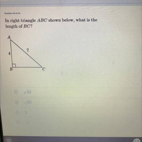 In right triangle ABC shown below, what is the
length of BC?