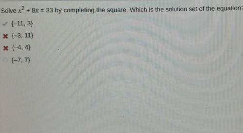 Solve x2 + 8x = 33 by completing the square. Which is the solution set of the equation? 04-11, 3} O