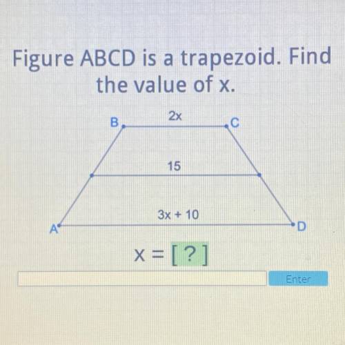Figure ABCD is a trapezoid. Find the value of x. 2x 15 3x+10